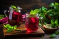 Rustic backdrop showcasing a glass brimming with refreshing and vivid beet juice