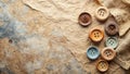 Rustic background featuring an assortment of vintage wooden buttons on textured paper. Generative AI Royalty Free Stock Photo