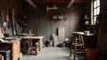 A rustic backroom with a wooden workbench tools scattered about and a high stool