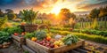 Rustic Backyard Vegetable Garden with Fresh Harvest at Sunrise Generative AI