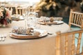 Rustic backyard wedding - reception tables with golden plates and chairs, dahlias, peonies and eucalyptus leaves and jute rope Royalty Free Stock Photo