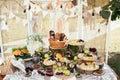 Rustic bagging candy bar set up on wedding ceremony place Royalty Free Stock Photo