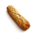 Rustic baguette, with a crisp, golden crust on a white background