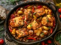 Rustic Baked Chicken and Vegetables in Cast Iron Skillet, Seasonal Homestyle Meal on Dark Table Royalty Free Stock Photo