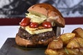 Rustic baked potato cheese tomato meat hamburger sandwich, delicious snack isolated on blurred background Royalty Free Stock Photo