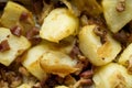 Rustic baked potatoes and bacon food background