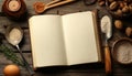 Rustic Baking Concept with Open Notebook and Kitchenware on Wooden Backdrop for Recipe Inspiration Royalty Free Stock Photo