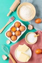 Rustic baking ingredients flat lay. Homemade pastry, baking. Top view flat lay background. Healthy fresh organic food