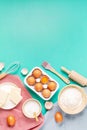 Rustic baking ingredients and kitchen utensils. Homemade pastry, baking. Top view flat lay background. Healthy fresh organic food Royalty Free Stock Photo