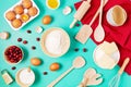 Rustic baking ingredients and kitchen utensils. Homemade pastry, baking. Top view flat lay background. Healthy fresh organic food Royalty Free Stock Photo