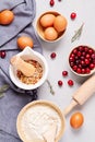 Rustic baking ingredients and kitchen utensils. Homemade pastry, baking. Top view flat lay background. Healthy fresh organic food Royalty Free Stock Photo