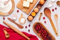 Rustic baking ingredients and kitchen utensils. Homemade pastry, baking. Top view flat lay background. Healthy fresh organic food Royalty Free Stock Photo