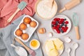 Rustic baking ingredients and kitchen utensils. Homemade pastry, baking. Top view flat lay background. Healthy fresh organic food Royalty Free Stock Photo