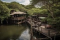 A rustic bamboo cafe, its tables spilling out onto a boardwalk over a mangrove swamp. Patrons are enjoying tropical drinks and
