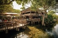 A rustic bamboo cafe, its tables spilling out onto a boardwalk over a mangrove swamp. Patrons are enjoying tropical drinks and