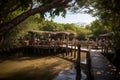 A rustic bamboo cafe, its tables spilling out onto a boardwalk over a mangrove swamp. Patrons are enjoying tropical drinks and