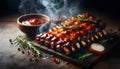 Rustic barbecue ribs with thick sauce and steam placed on dark background with soft shadows and space for copy in top-down view Royalty Free Stock Photo