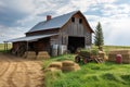 rustic barn with bales of hay, shovels, and other tools for working the land