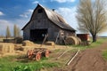 rustic barn with bales of hay, shovels, and other tools for working the land