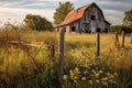 rustic barn with a broken fence and overgrown grass