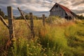 rustic barn with a broken fence and overgrown grass