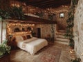 A rustic barn converted into cozy accommodation with warm lighting and a comfortable interior Royalty Free Stock Photo