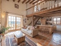 A rustic barn converted into cozy accommodation with warm lighting and a comfortable interior Royalty Free Stock Photo