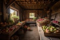 rustic barn filled with bountiful harvest, including apples and pumpkins