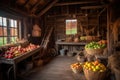 rustic barn filled with bountiful harvest, including apples and pumpkins
