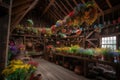 rustic barn, filled with hanging pots and pans, surrounded by colorful flowers