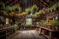 rustic barn, filled with hanging pots and pans, surrounded by colorful flowers