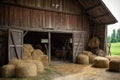 rustic barn with freshly baled hay for the horses, and saddle hanging on wall Royalty Free Stock Photo