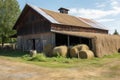 rustic barn with freshly baled hay for the horses, and saddle hanging on wall Royalty Free Stock Photo