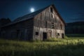 rustic barn in moonlight, with the lunar glow shining through the windows