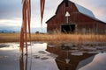 a rustic barn reflected in a raindrop hanging from a wheat stalk