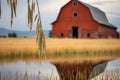 a rustic barn reflected in a raindrop hanging from a wheat stalk