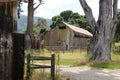 Entrance to an old, weathered wooden barn framed by trees stands abandoned, Garland Ranch, Carmel Valley, CA.