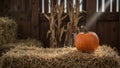 Rustic barn scene with pumpkin hay bale corn stalks and soft sunlight Royalty Free Stock Photo
