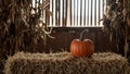 Rustic barn scene with pumpkin hay bale corn stalks and soft sunlight Royalty Free Stock Photo