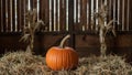 Rustic barn scene with pumpkin hay bale corn stalks and soft sunlight Royalty Free Stock Photo