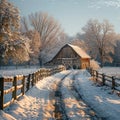 Rustic barn in snowy landscape Royalty Free Stock Photo