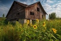 rustic barn with sunflowers, symbol of warmth and happiness