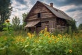 rustic barn with sunflowers, symbol of warmth and happiness