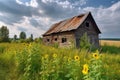 rustic barn with sunflowers, symbol of warmth and happiness