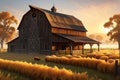 A Rustic Barn Surrounded by Amber Fields: Detailed Texture of Aged Wood, High-Quality 3D Render - Lively Countryside Charm