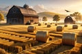 Rustic Barn Surrounded by Golden Fields, Hay Bales Scattered, Farmer Tending to Animals Early Morning