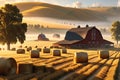 Rustic Barn Surrounded by Golden Fields, Hay Bales Scattered, Farmer Tending to Animals Early Morning