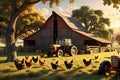 Rustic Barn Surrounded by Haystacks, a Vintage Tractor Resting Under a Looming Oak Tree, Chickens Pecking in the Courtyard Royalty Free Stock Photo