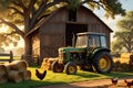 Rustic Barn Surrounded by Haystacks, a Vintage Tractor Resting Under a Looming Oak Tree, Chickens Pecking in the Courtyard Royalty Free Stock Photo