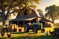 Rustic Barn Surrounded by Haystacks, a Vintage Tractor Resting Under a Looming Oak Tree, Chickens Pecking in the Courtyard